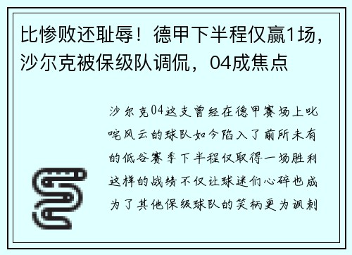 比惨败还耻辱！德甲下半程仅赢1场，沙尔克被保级队调侃，04成焦点