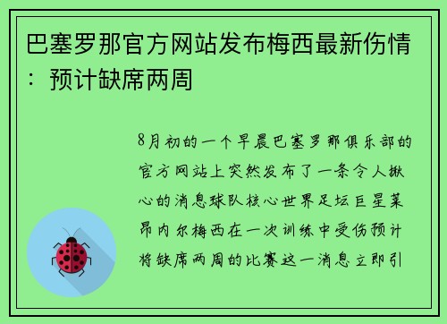 巴塞罗那官方网站发布梅西最新伤情：预计缺席两周