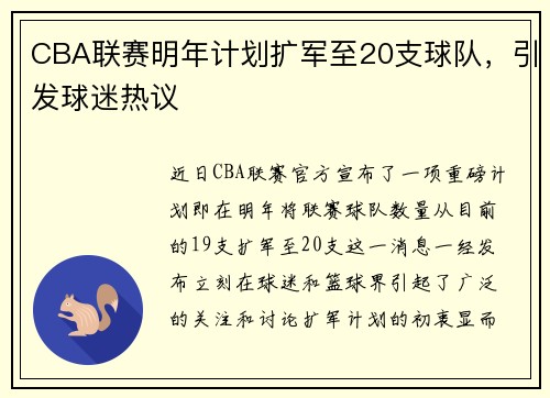 CBA联赛明年计划扩军至20支球队，引发球迷热议